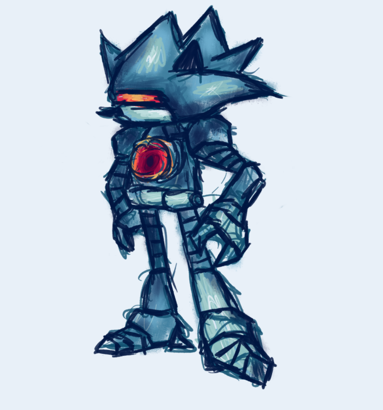 Sketch of a robotic creature resembling a bipedal blue humanoid hedgehog, with large spiked head and a red energy core in the centre of its chest.